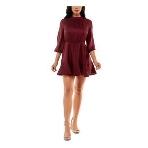 SPEECHLESS Womens Maroon Hem 3/4 Sleeve Tie Neck Mini Party Fit + Flare Dress L